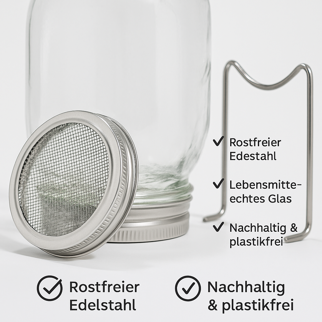 Sprossenglas Starter-Set aus Edelstahl – 2x 1 L Gläser + Brokkoli-Radieschen Saatmischung (100 g)