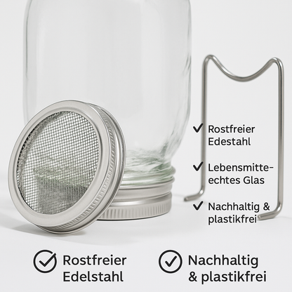 Sprossenglas Starter-Set aus Edelstahl – 2x 1 L Gläser + Brokkoli-Radieschen Saatmischung (100 g)