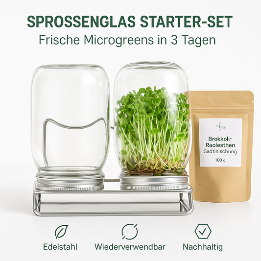 Sprossenglas Starter-Set aus Edelstahl – 2x 1 L Gläser + Brokkoli-Radieschen Saatmischung (100 g)