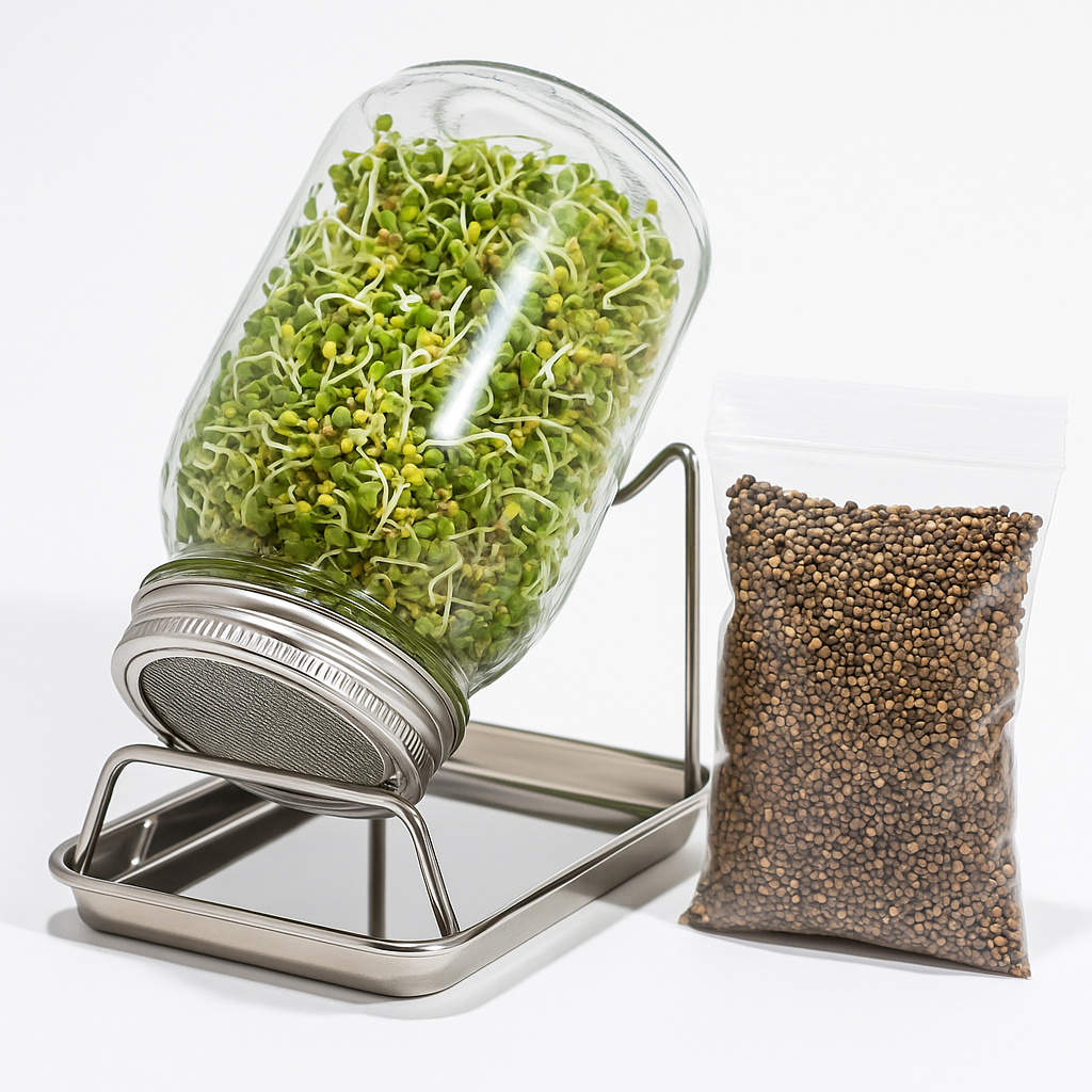 Sprossenglas Starter-Set aus Edelstahl – 2x 1 L Gläser + Brokkoli-Radieschen Saatmischung (100 g)