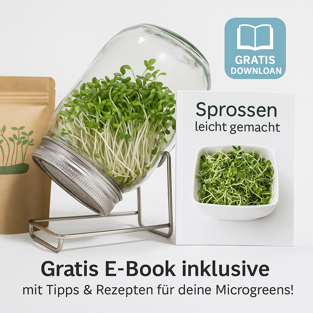 Sprossenglas Starter-Set aus Edelstahl – 2x 1 L Gläser + Brokkoli-Radieschen Saatmischung (100 g)